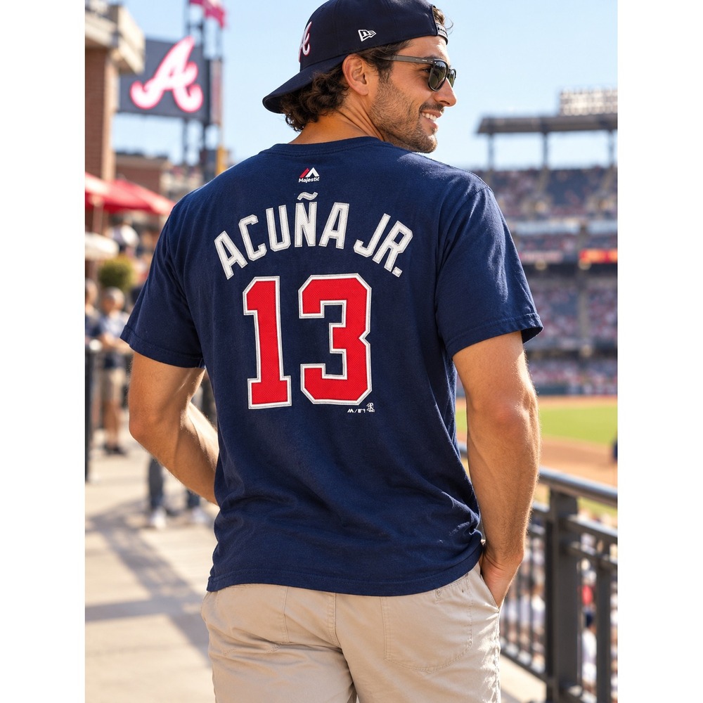 Majestic Atlanta Braves Ronald Acuña Jr 13 Navy Blue T-Shirt Mens Large MLB